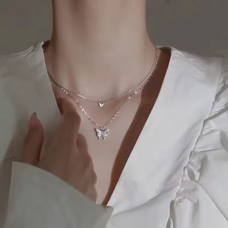 Dual Chain Silver Butterfly Mystic Necklace