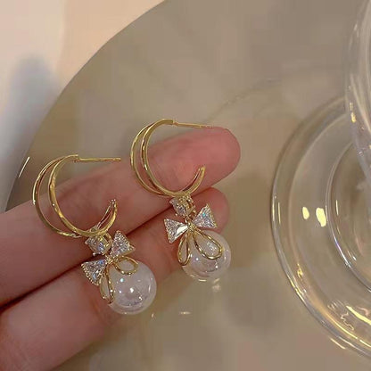 18K Pearl & Bow Rhinestone Earrings