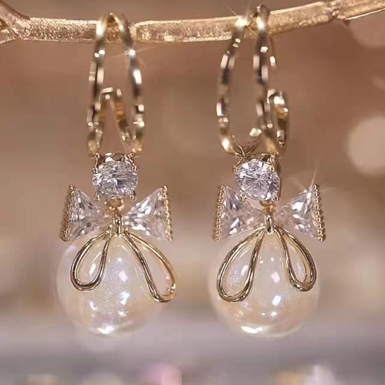 18K Pearl & Bow Rhinestone Earrings