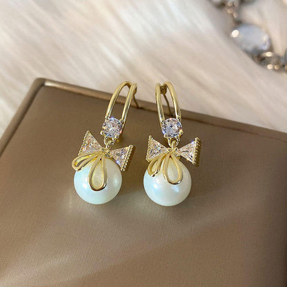 18K Pearl & Bow Rhinestone Earrings