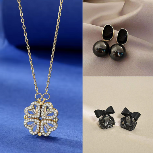 Magnetic Clover Necklace with Black Pearl & Knot [Combo Set of 3]