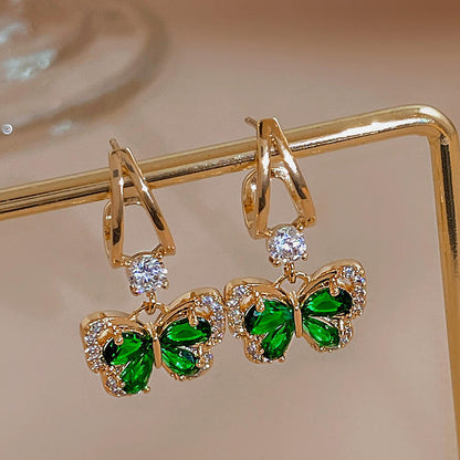 Minimalist Green Rhinestone Butterfly Drop Earrings