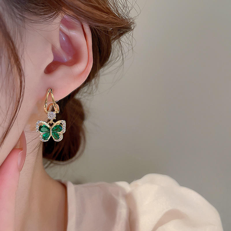 Minimalist Green Rhinestone Butterfly Drop Earrings