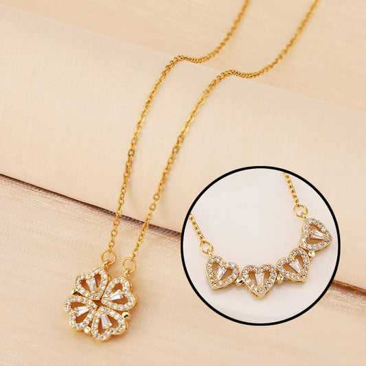 Zircon Heart Magnetic Clover Necklace - Gold Plated