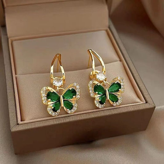 Minimalist Green Rhinestone Butterfly Drop Earrings