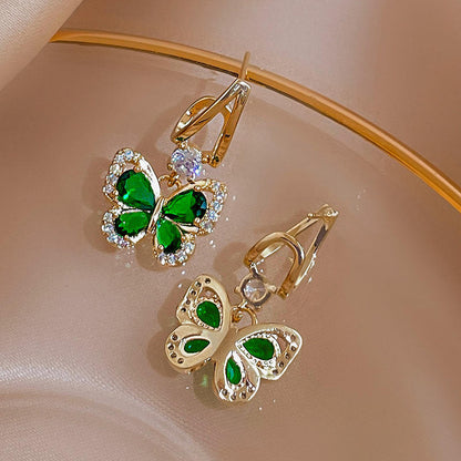 Minimalist Green Rhinestone Butterfly Drop Earrings