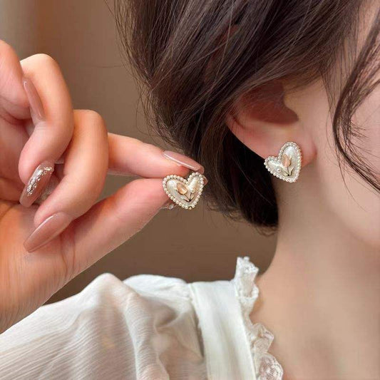 White Pearl Heart Flowers Mystic Earrings